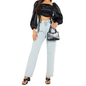 Passport Black Satin Ruched Front Balloon Sleeve Crop Y2K Top size XL